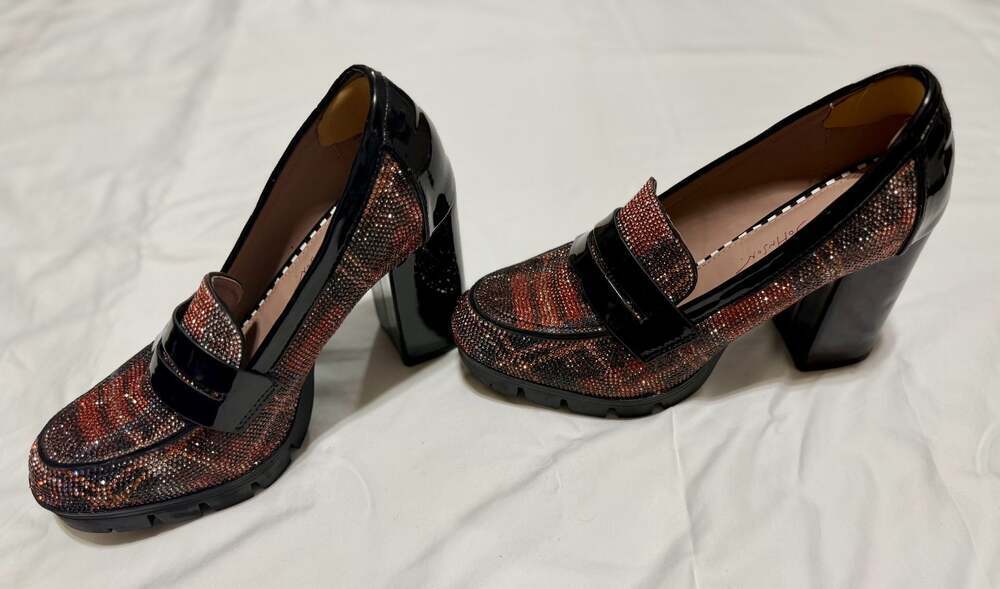 Betsey Johnson Adelyn Rhinestone Plaid Loafer Platform Heels - Picture 3 of 8